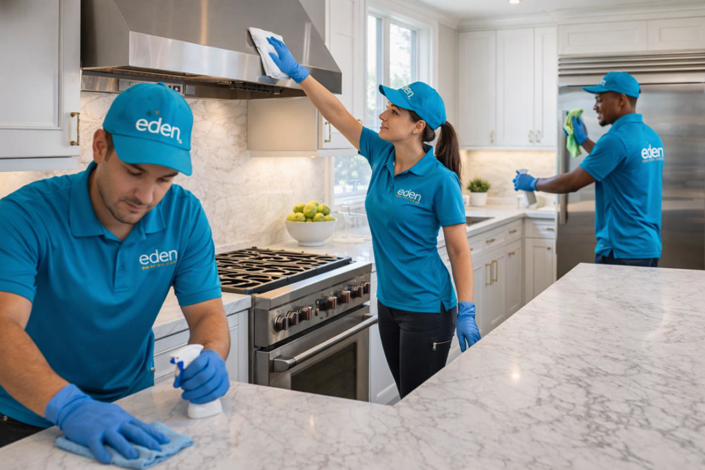 A kitchen cleaning team from Eden Cleaning Services wiping counters and range hood in a modern kitchen in Annapolis, MD.