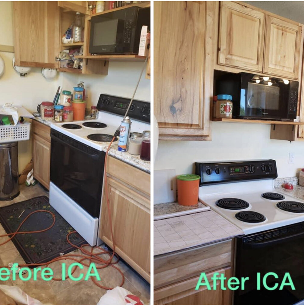 Before and after comparison of a kitchen counter cleaned by ICA Cleaning in Vancouver, WA, showing a spotless result.