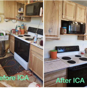 Before and after comparison of a kitchen counter cleaned by ICA Cleaning in Vancouver, WA, showing a spotless result.