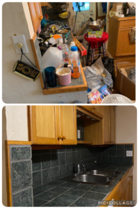 Before and after of a kitchen counter and sink area cleaned by ACD Cleaning LLC in Cincinnati, OH, demonstrating professional results.