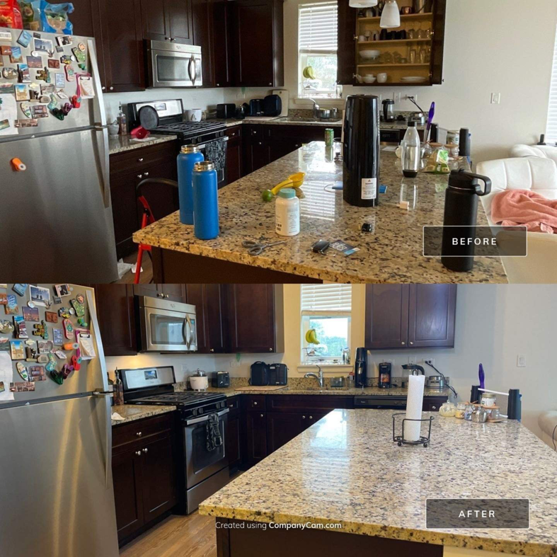 Before and after view of a kitchen countertop and island, showing a successful cleaning job by Page not active in St. Charles, IL.