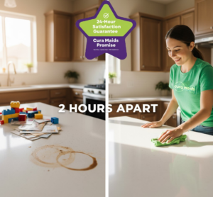 A Cura Maids cleaner wiping a sparkling clean kitchen countertop in Raleigh, NC, showcasing before and after results.