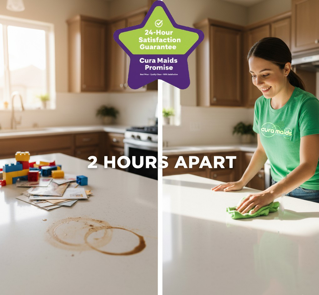 A Cura Maids cleaner wiping a sparkling clean kitchen countertop in Raleigh, NC, showcasing before and after results.