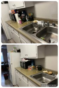 Before and after photos of a kitchen countertop and sink area cleaned by ACD Cleaning LLC in Cincinnati, OH.