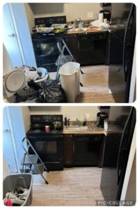 Before and after photos of a kitchen deep cleaning service provided by ACD Cleaning LLC in Cincinnati, OH.