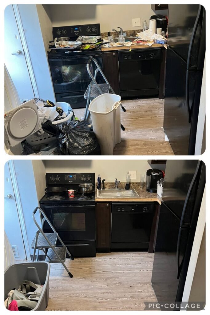 Before and after photos of a kitchen deep cleaning service provided by ACD Cleaning LLC in Cincinnati, OH.