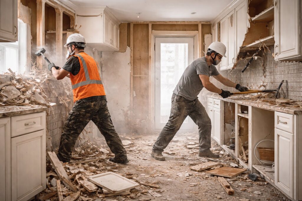 Workers performing kitchen demolition with sledgehammers and pry bars, creating debris for Allis Demolition & Hauling LLC in Omaha, NE