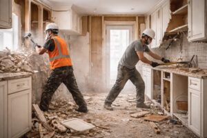 Workers performing kitchen demolition with sledgehammers and pry bars, creating debris for Allis Demolition & Hauling LLC in Omaha, NE