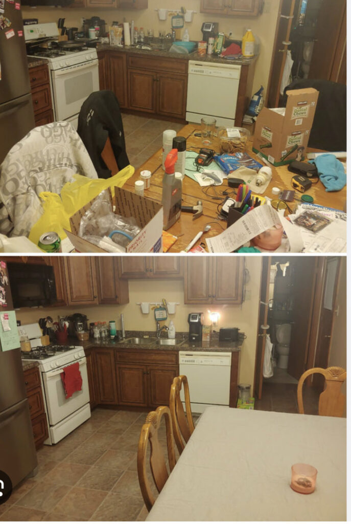 A before and after collage showing a cluttered kitchen and dining area transformed into a clean and organized space by Merriweather Cleaning and Laundry in Vancouver, WA.