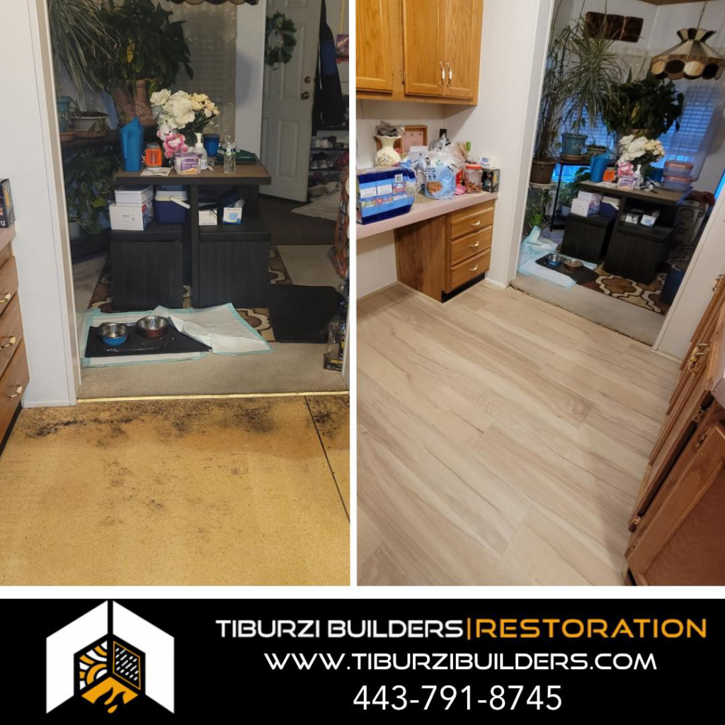 Before and after photo of a kitchen floor repaired after water damage by Tiburzi Builders in Hagerstown, MD.
