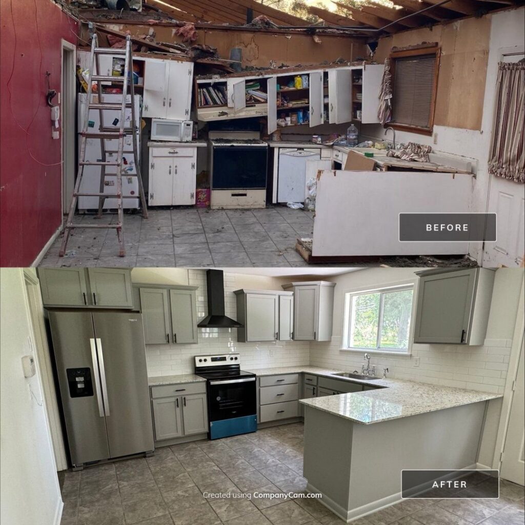 Before and after photos of a kitchen undergoing extensive restoration after damage, completed by SERVPRO of South Shreveport in Shreveport, LA.