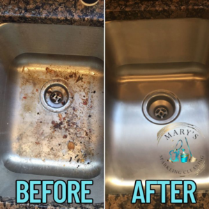 A sparkling clean kitchen sink after professional cleaning by Mary's Sparkling Cleaning in Fall River, MA, shown in a before and after comparison.