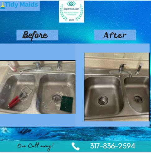 Before and after comparison of a kitchen sink, sparkling clean after service by Tidy Maids Clean in Indianapolis, IN.