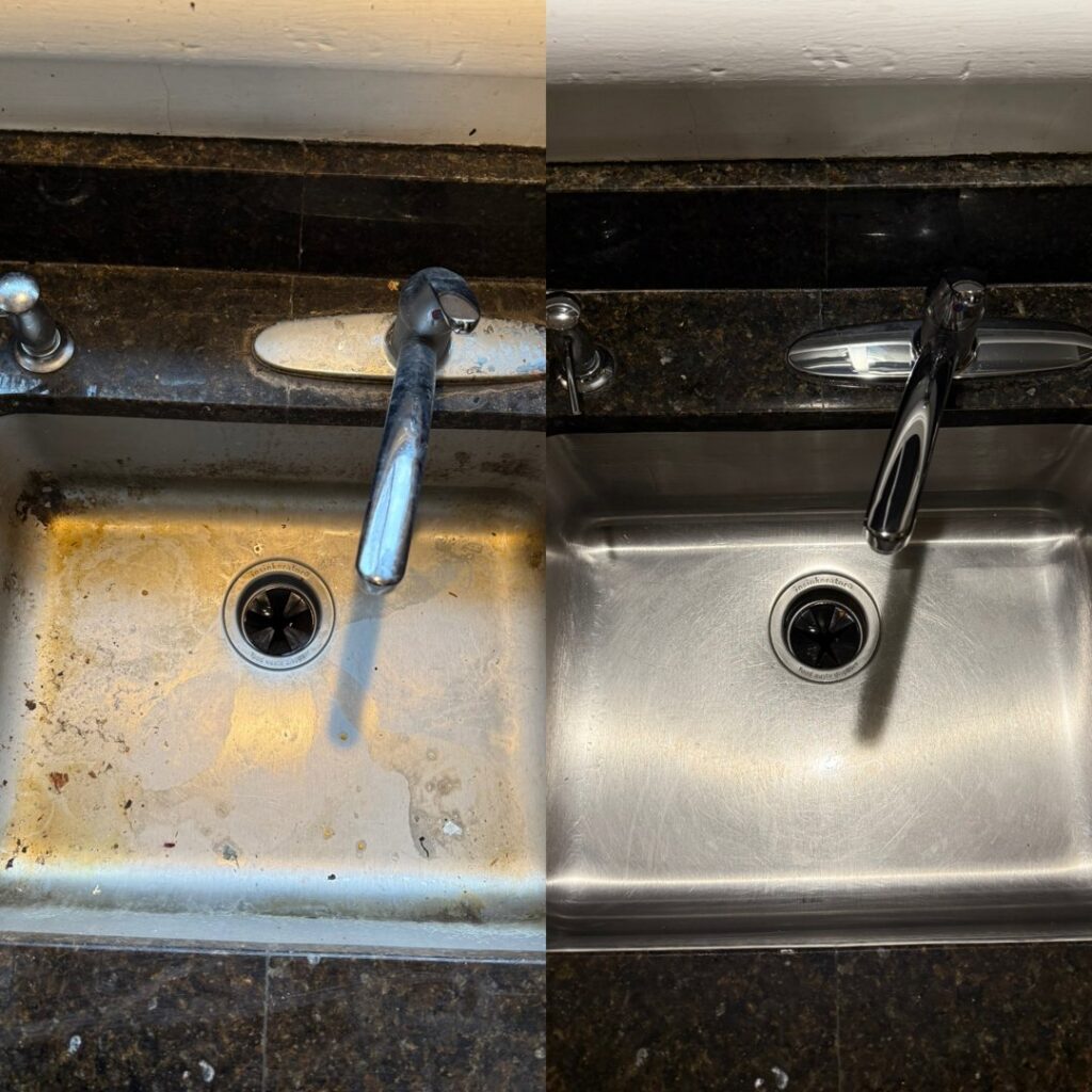 Before and after of a kitchen sink, showing it polished and gleaming by GentleNest Home Cleaning in Livonia, MI.