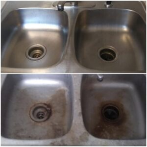 Before and after comparison of a double kitchen sink, demonstrating thorough cleaning by Jessie Clean in Indianapolis, IN.