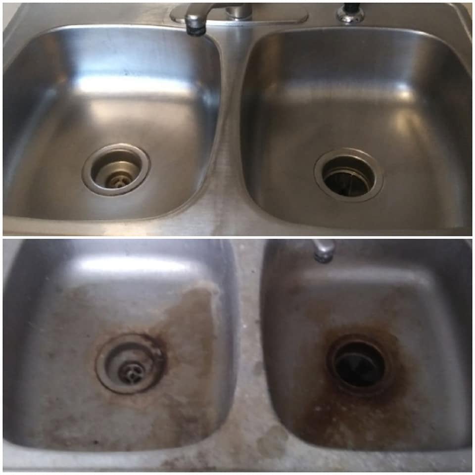 Before and after comparison of a double kitchen sink, demonstrating thorough cleaning by Jessie Clean in Indianapolis, IN.