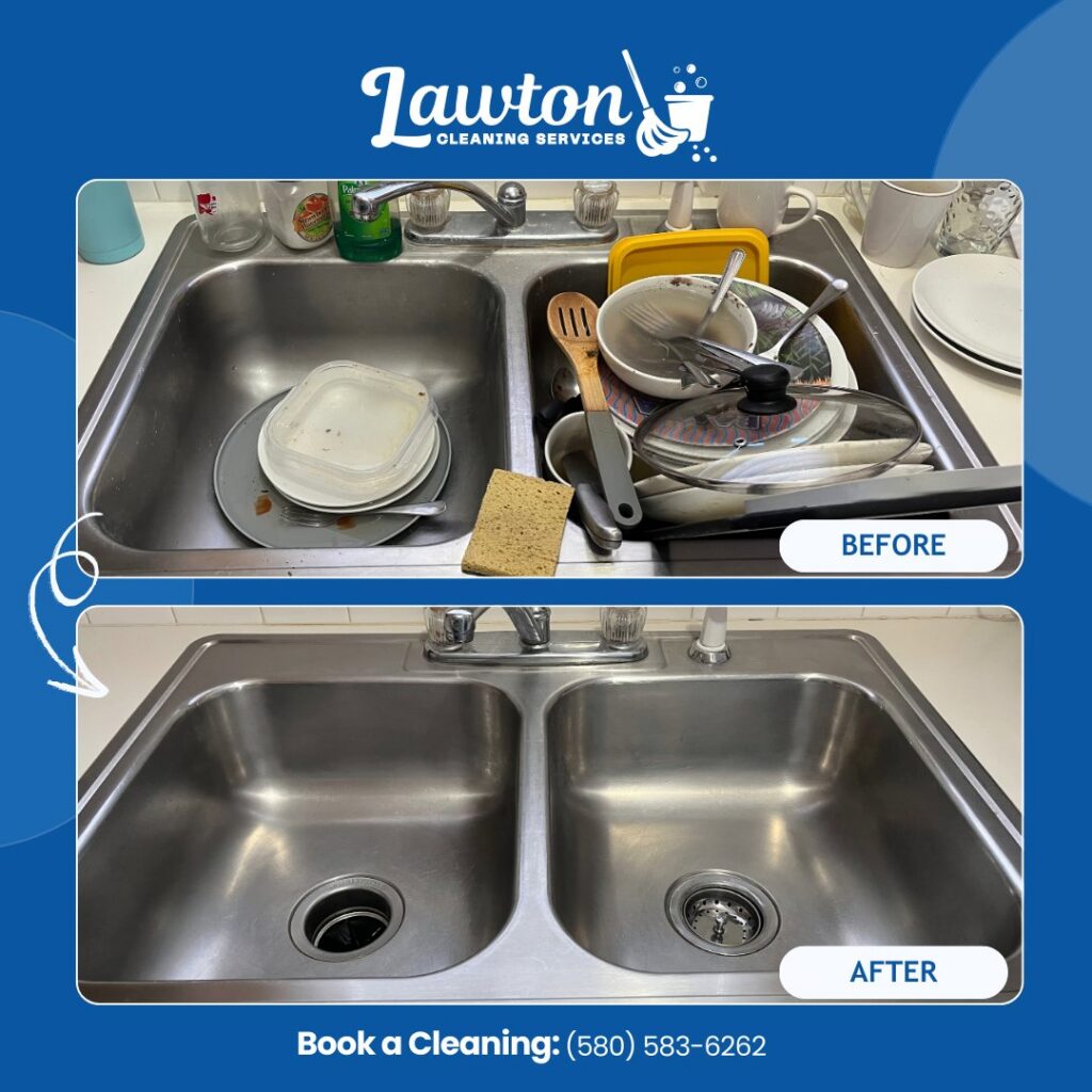Before and after comparison of a kitchen sink, transformed from dirty dishes to sparkling clean by Lawton Cleaning Services in Lawton, OK