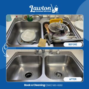 Before and after comparison of a kitchen sink, transformed from dirty dishes to sparkling clean by Lawton Cleaning Services in Lawton, OK