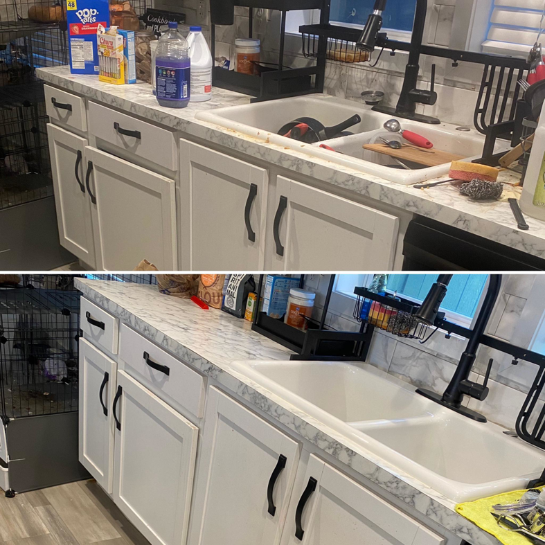 Before and after view of a sparkling clean kitchen sink and countertop by Wipe Away LLC in Indianapolis, IN