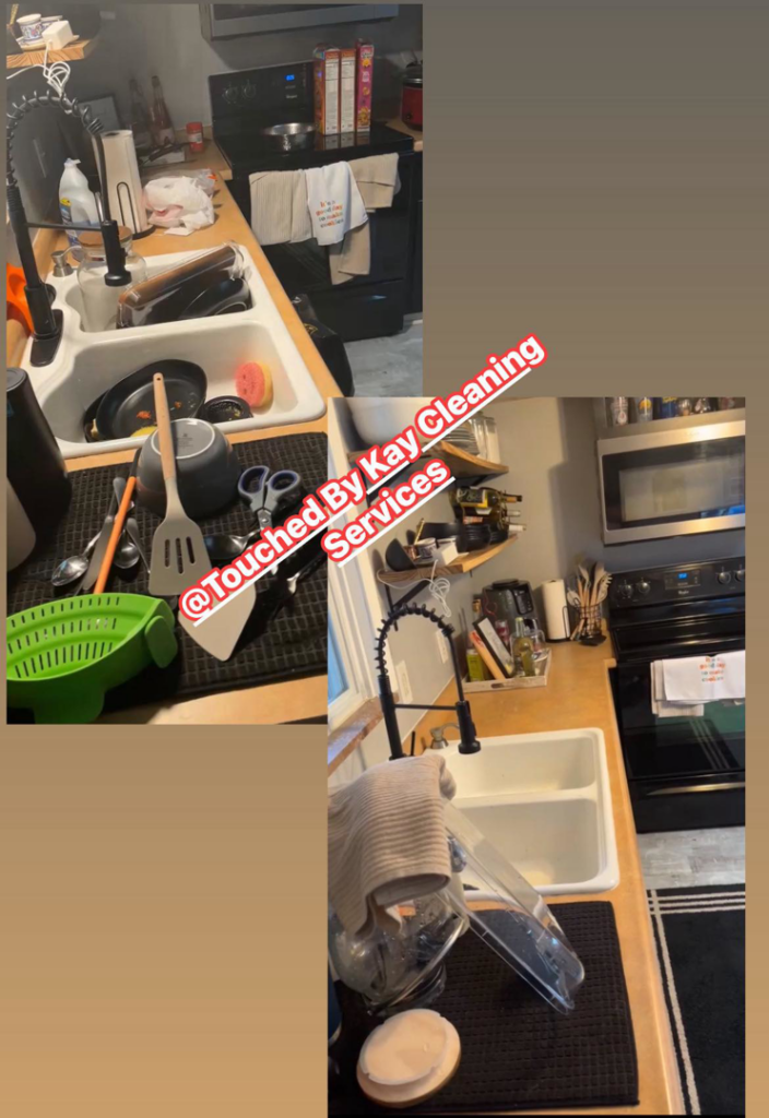 A before and after view of a kitchen sink and countertop, cleaned and organized by Touched By Kay Cleaning Services in Pittsburgh, PA.