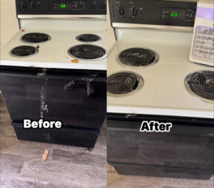 A before and after comparison of a kitchen stove, showing it meticulously cleaned by Dream Cleaning & More in Davenport, IA.