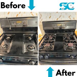 Before and after comparison of a greasy kitchen stove top cleaned by So Clean Cleaning Services in East Providence, RI