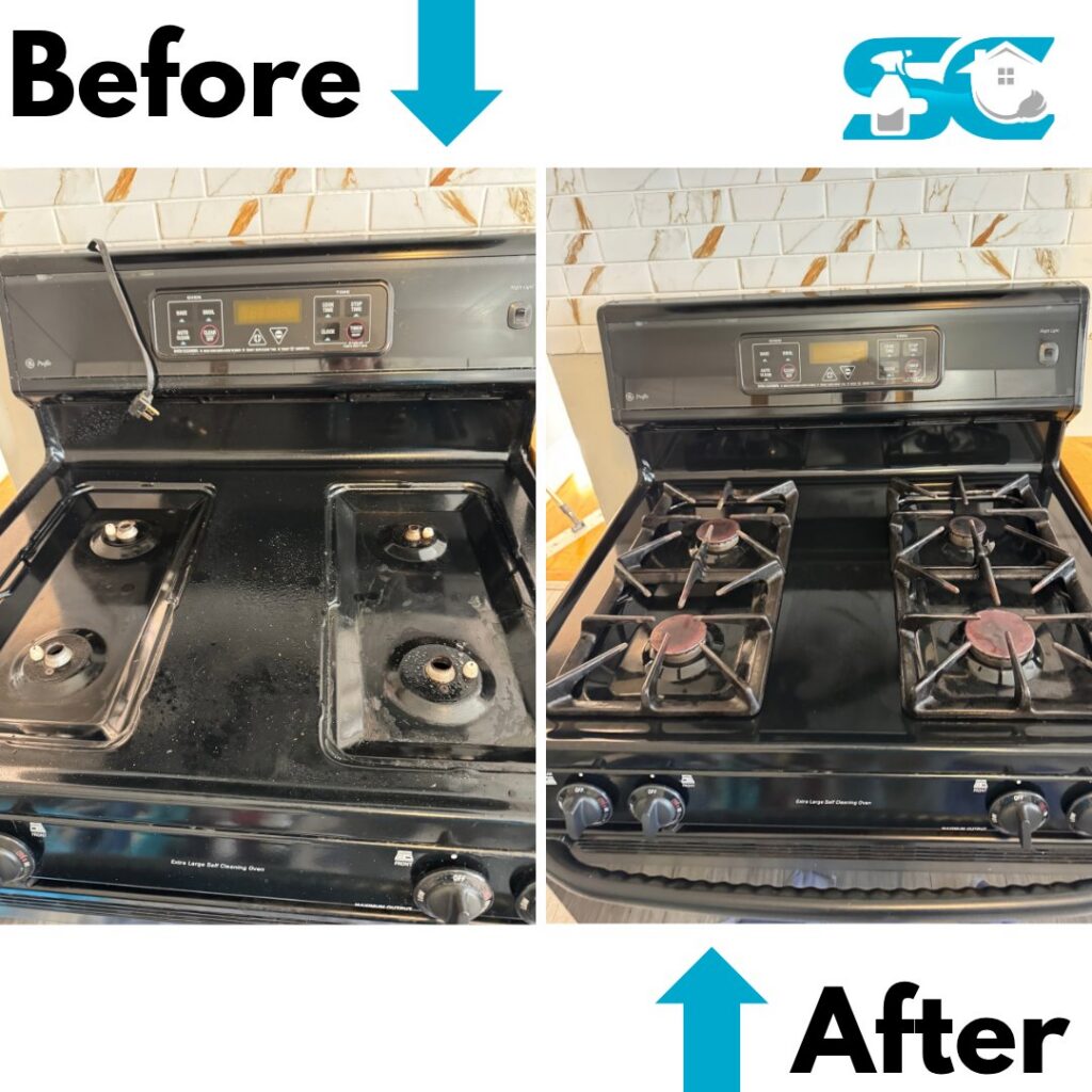 A before and after view of a kitchen stove top, professionally cleaned by So Clean Cleaning Services in East Providence, RI.