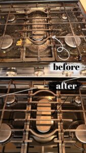 Before and after deep cleaning of a kitchen stove top by Right the 1st Time LLC in Indianapolis, IN