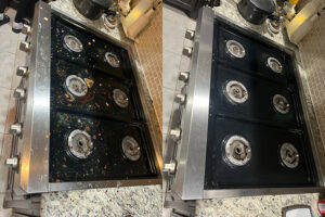 Before and after comparison of a dirty kitchen stovetop cleaned by Olivia Cleaning Services in Fort Worth, TX