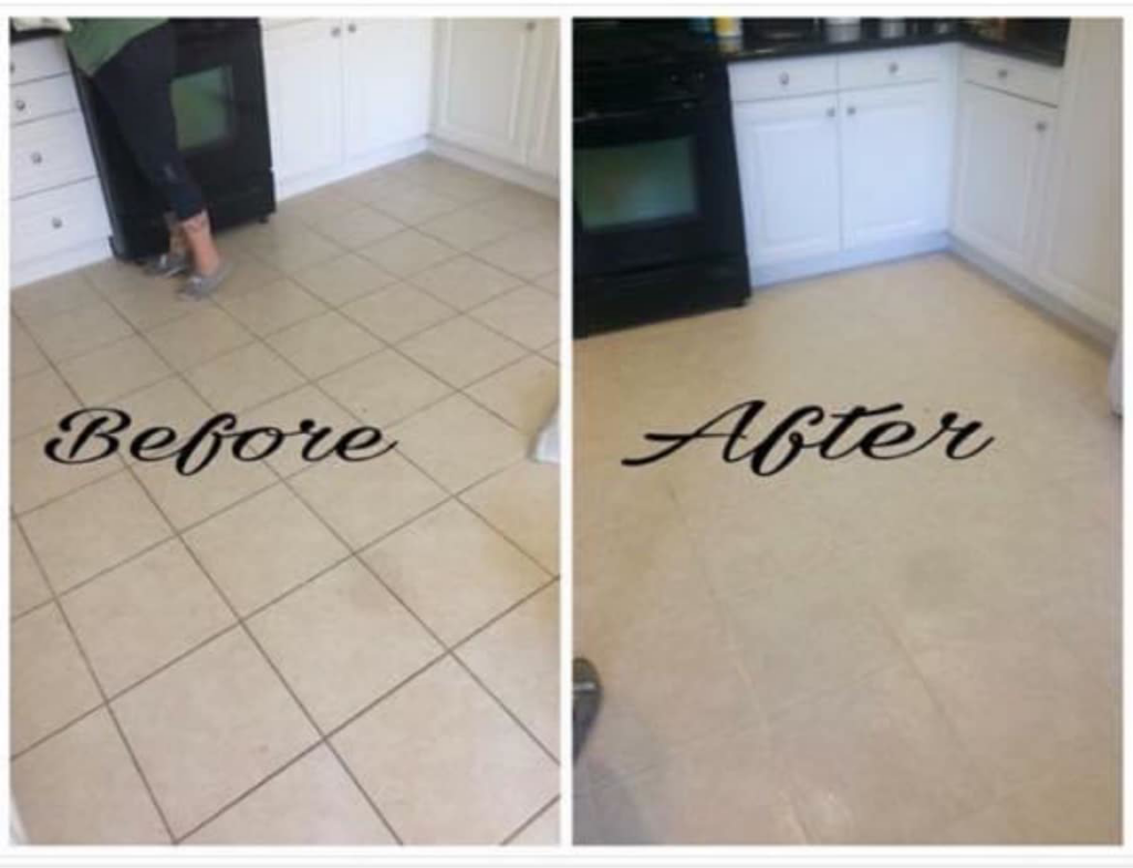 Before and after a kitchen tile floor cleaning service from McGarvey Cleaning in Vancouver, WA.