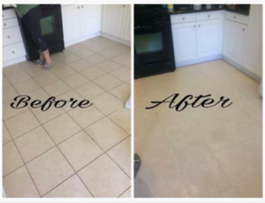 Before and after a kitchen tile floor cleaning service from McGarvey Cleaning in Vancouver, WA.