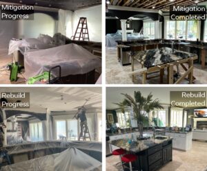 Before and after collage showing kitchen water damage mitigation and rebuild progress by SERVPRO of South Shreveport in Shreveport, LA.