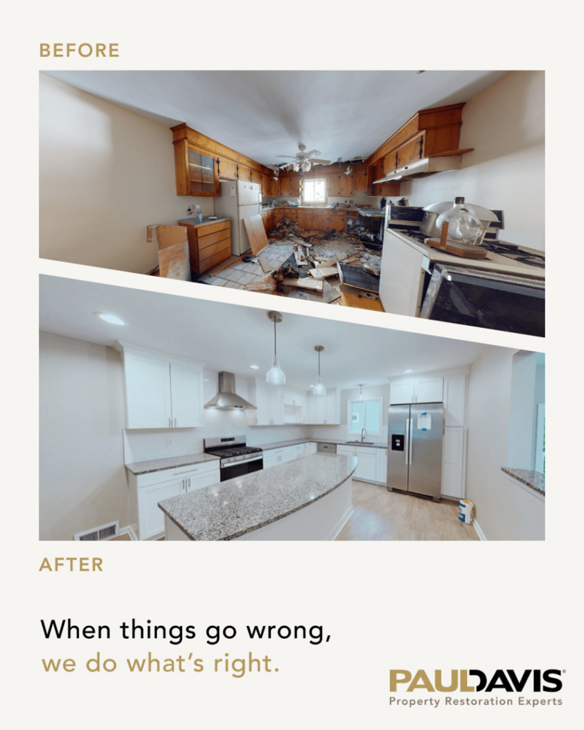 Before and after photos of a kitchen showing severe water damage and its complete restoration by Paul Davis of Norman & SW OKC in Norman, OK.