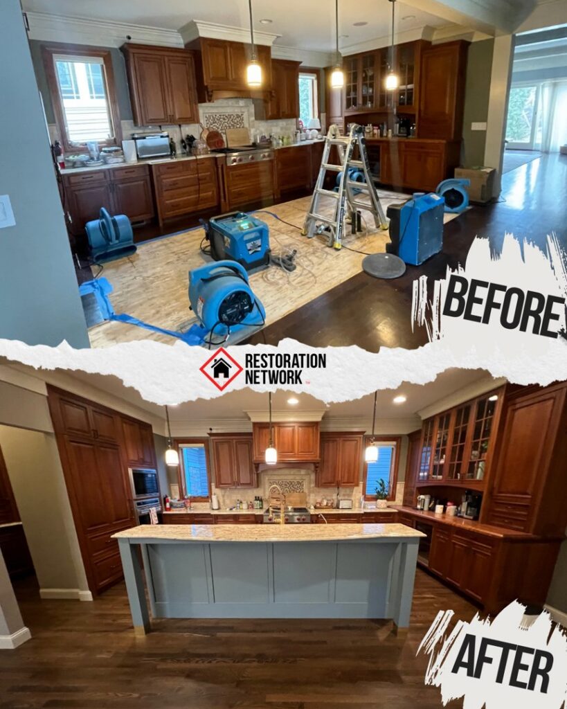 Before and after photos of a kitchen undergoing water damage restoration by Restoration Network Inc in Maple Grove, MN.