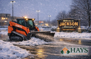 A Kubota skid steer plowing snow in a parking lot near the Welcome to Jackson Tennessee sign, showcasing snow removal by Hays Landscape Solutions LLC.