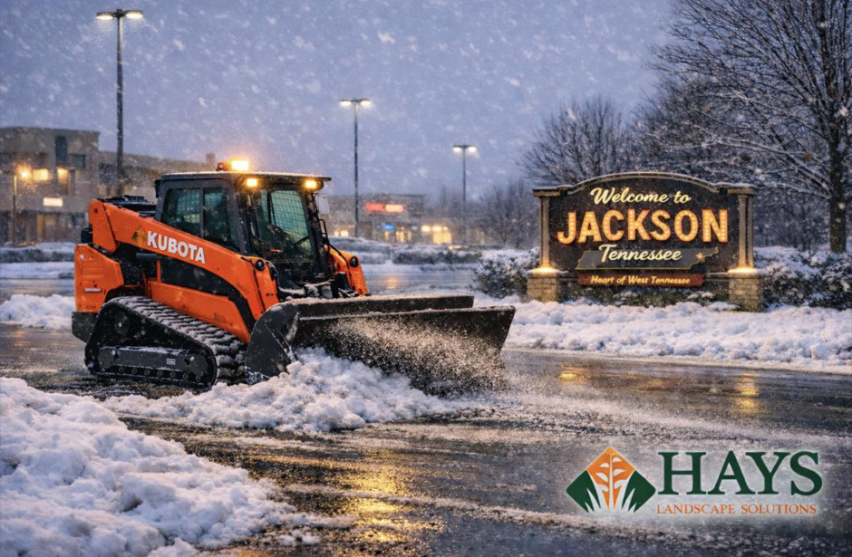 A Kubota skid steer plowing snow in a parking lot near the Welcome to Jackson Tennessee sign, showcasing snow removal by Hays Landscape Solutions LLC.