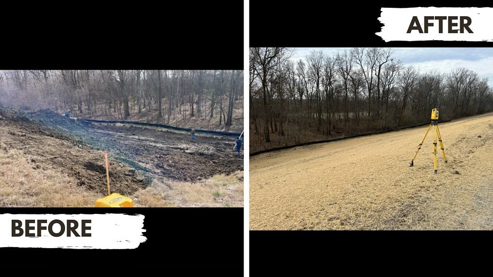 Before and after view of land erosion remediation by Smith & Weiland, Surveyors and Engineers in Clarksdale, MS