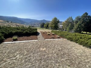 A beautifully landscaped area with mulch and plants, offering a scenic mountain view, maintained by Jerman Lawn Care in Bozeman, MT.