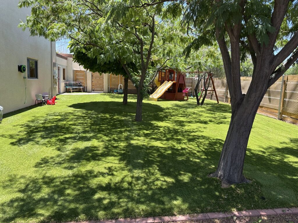 A large backyard with artificial grass, trees, and a playset installed by SYNLawn of New Mexico in Albuquerque, NM.
