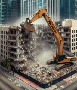 A large excavator from Dade Wrecking Demolition LLC demolishing a multi-story building in Miami, FL.