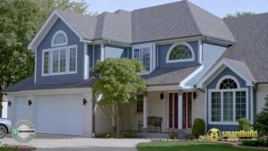 A large residential home featuring blue siding and white brick installed by SmardBuild Siding and Exteriors in Naperville, IL