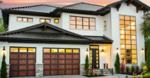 A large modern house featuring two dark wood-look garage doors by Jim Dyer Overhead Door in Carson City, NV