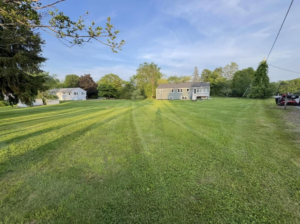 A large, well-maintained residential lawn with fresh mow stripes by Merrily Landscaping LLC in Derry, NH.
