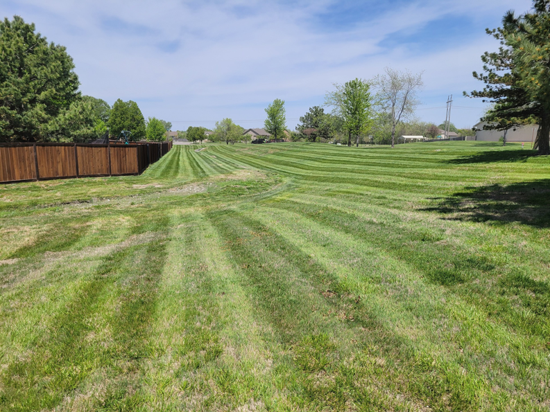 A large residential lawn with precise mowing stripes and a fence in the background, cared for by A & B Lawn Service LLC in Baytown, TX.