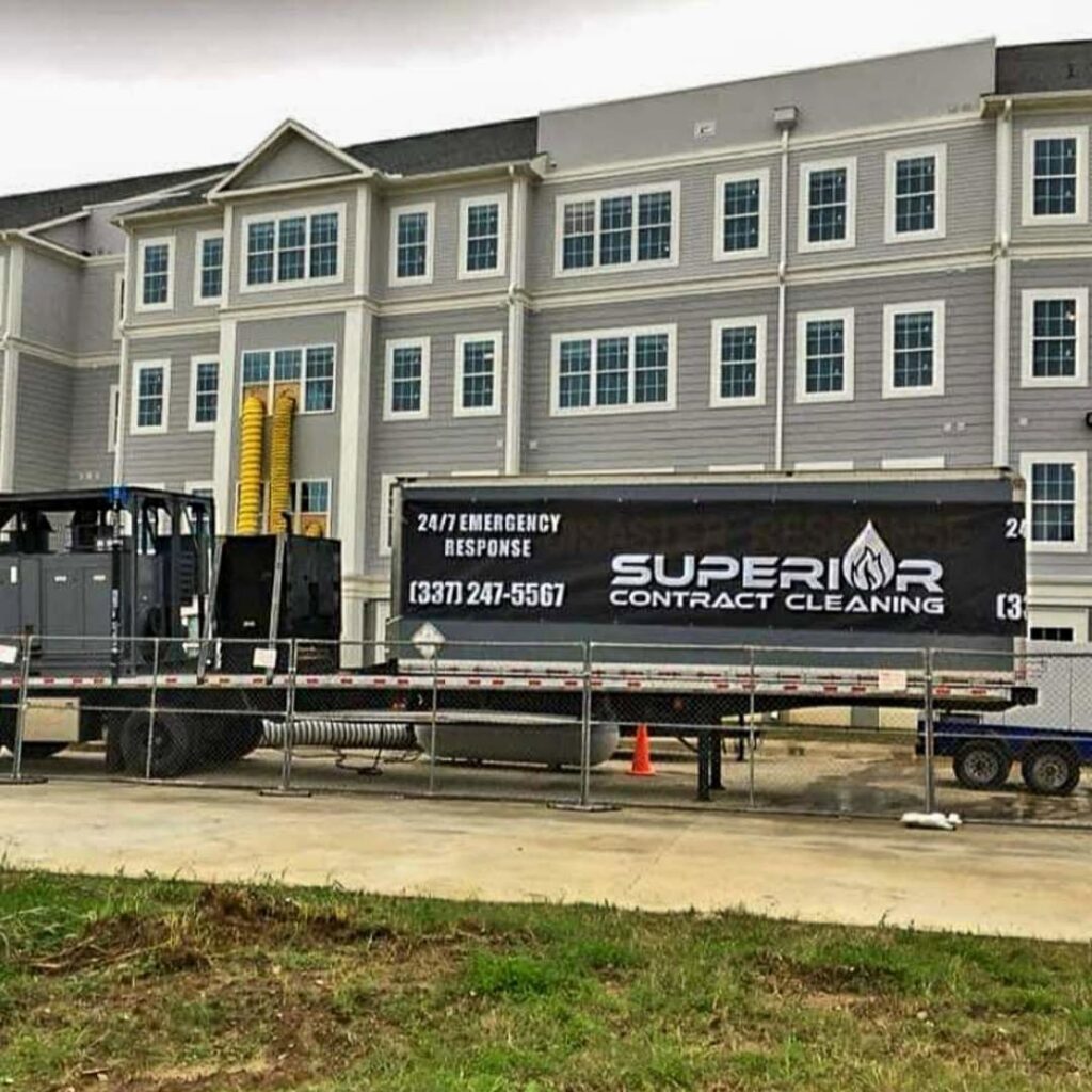 A large trailer with industrial drying equipment and ducts for large-scale water damage restoration by Superior Contract Cleaning in Lafayette, LA.