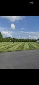 A large, professionally striped lawn with a lawnmower in the distance, maintained by A & J Lawn Care LLC in Corsicana, TX.