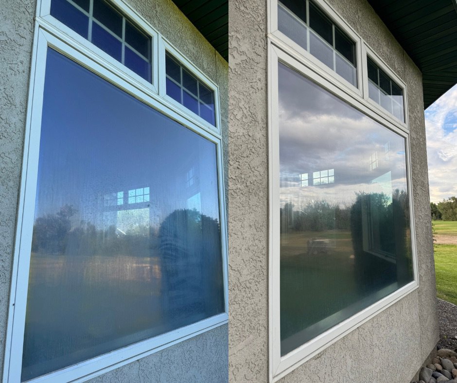 Before and after of a large residential window cleaned by Splash Pros Pressure Washing in Reno, NV.