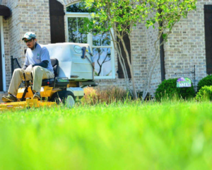 A lawn care specialist expertly mowing a residential lawn with a riding mower for Pro Green, LLC in Greenville, MS.