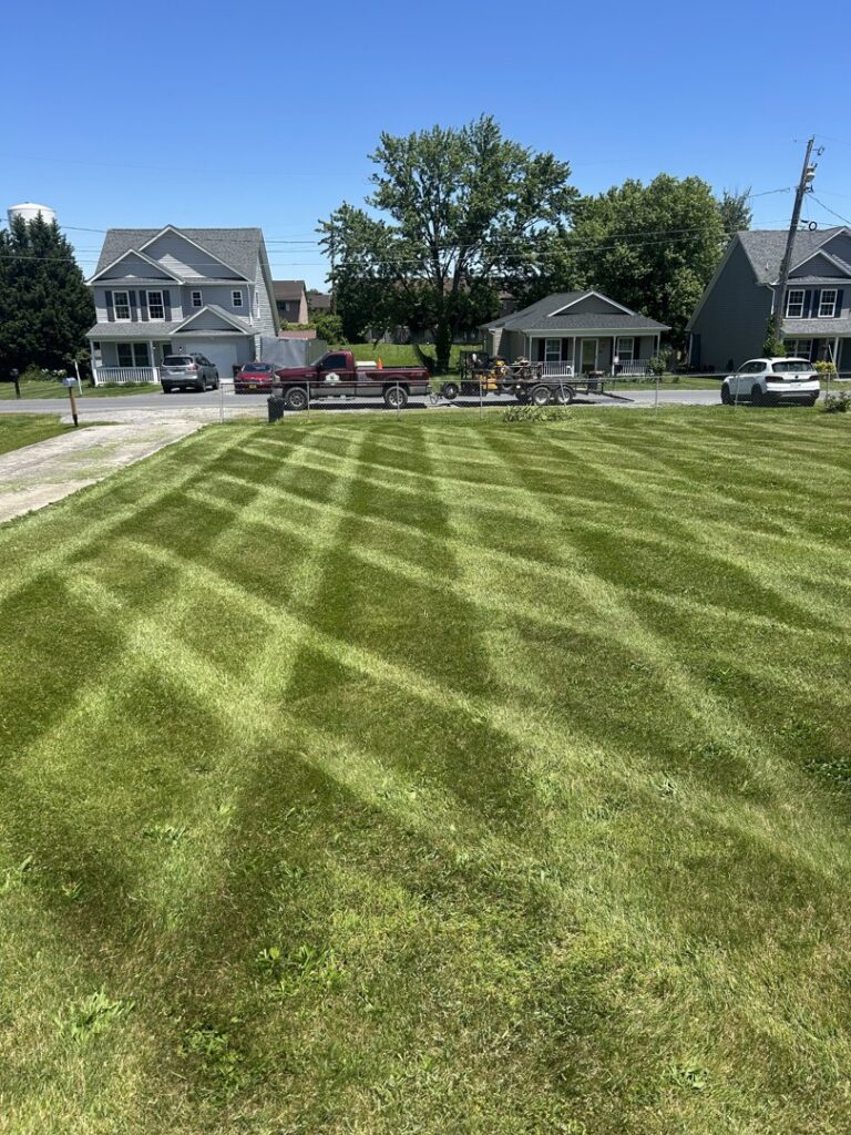 A lawn care truck and trailer with equipment parked on the street, next to a freshly mowed lawn with a cross-hatch pattern by Neace's Lawn Care LLC in Martinsburg, WV.