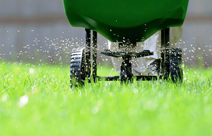 A lawn care worker applying fertilizer or seed to a green lawn with a broadcast spreader for Heath's Lawn Care in Omaha, NE.